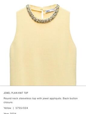 Zara Pale Yellow Sleeveless Knit Top with Jeweled Neck